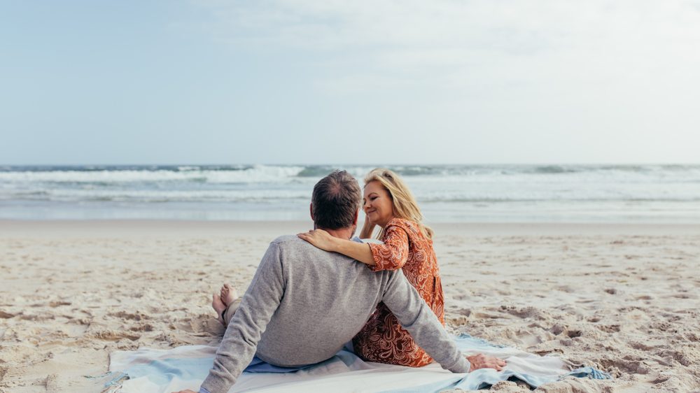 Rear view shot of mature man and woman sitting together on beach towel along the sea shore. Romantic senior couple relaxing on the beach.