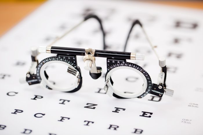 Closeup of eye test glasses on Snellen chart