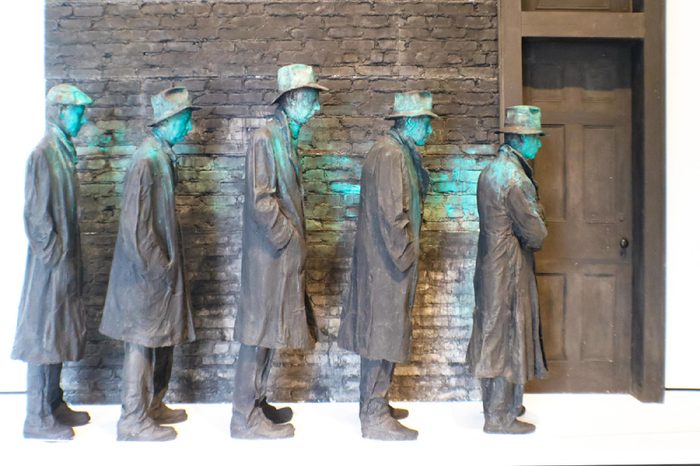Sculpture of men lined up during US Depression at USA, Arkansas, Bentonville, Crystal Bridges Museum of American Art, 8-24-2017