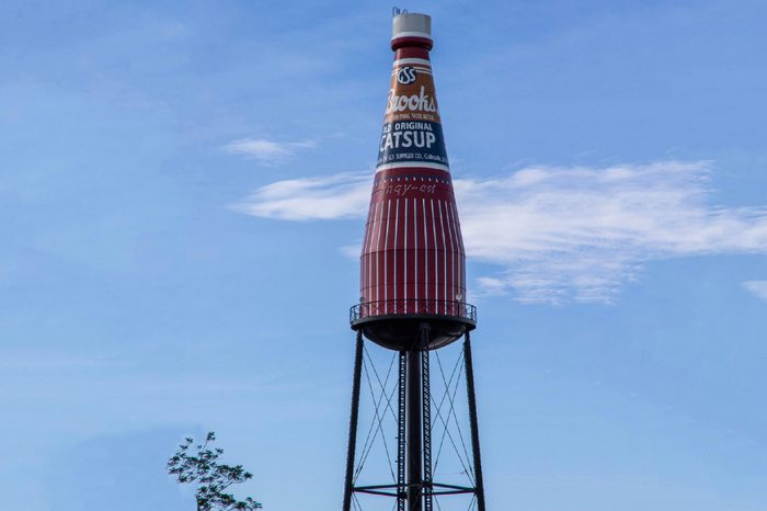Collinsville, IL—May 14, 2018; water tower decorated to look like ketchup bottle. The Brooks Catsup landmark is on the national historic landmark registry and promoted as the worlds largest.