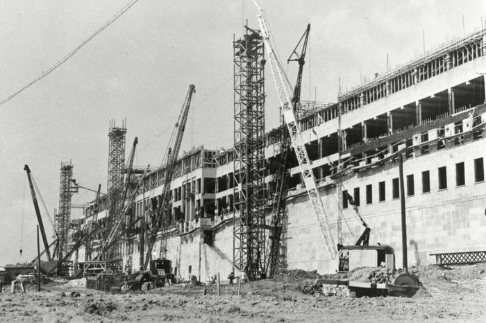 This is a 1942 photo of the early construction of the Pentagon in Arlington, Virginia. The groundbreaking ceremony took place on . The building was dedicated on January 15, 1943, nearly 16 months to the day after the groundbreaking
