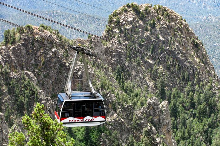 Albuquerque, New Mexico USA - July 8, 2016: Sandia Peak tramway is the longest aerial tram in the United States, high above the city. Pictured, one of the new gondola cars installed in May, 2016.
