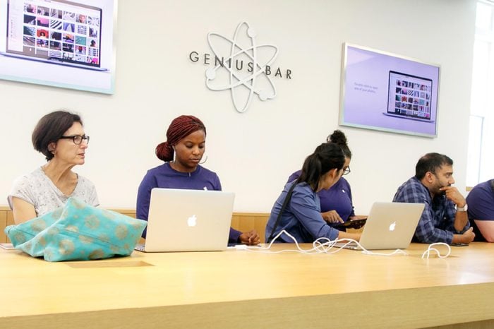 New York, September 25, 2017: Apple customers are receiving help at the Genius bar section of an Apple store.