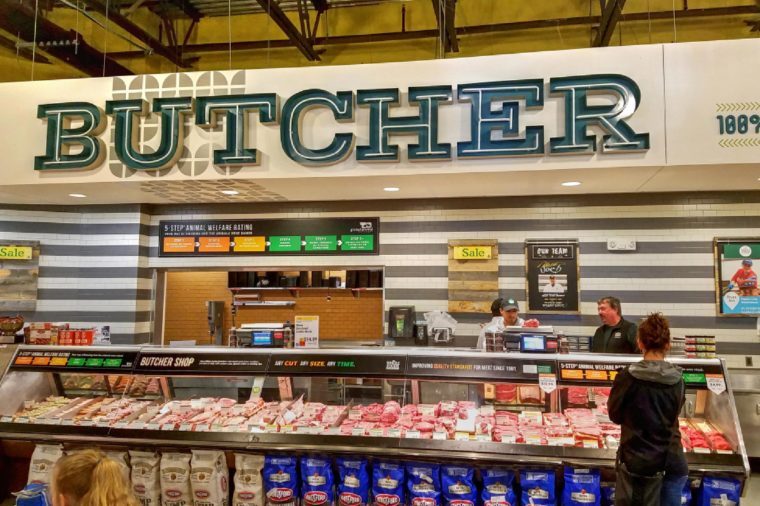 Whole Foods natural organic retail store butcher meat ordering counter, Lynnfield Massachusetts USA, May 11, 2018