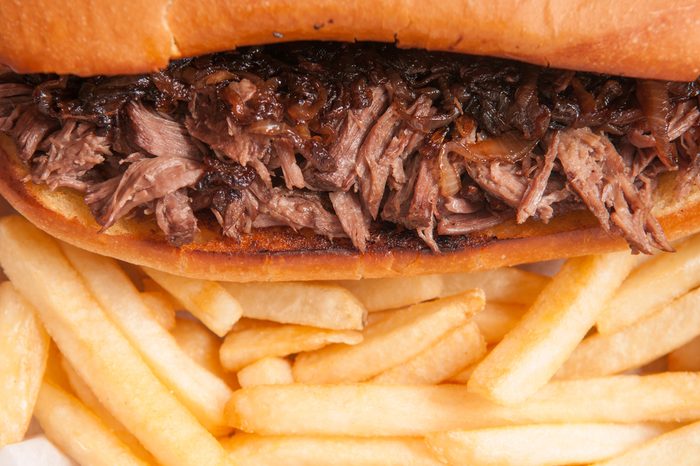 classic french dip au jus or beef dip with fries and sauteed onions take away
