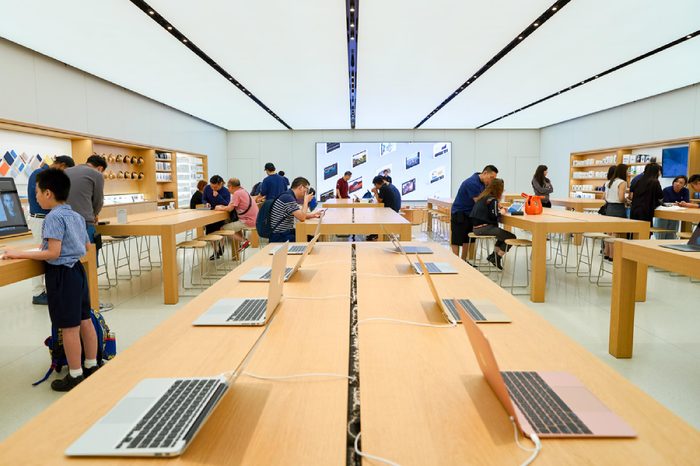 HONG KONG - CIRCA SEPTEMBER, 2016: inside of Apple store. Apple Store is a chain of retail stores owned and operated by Apple Inc., dealing with computers and consumer electronics.