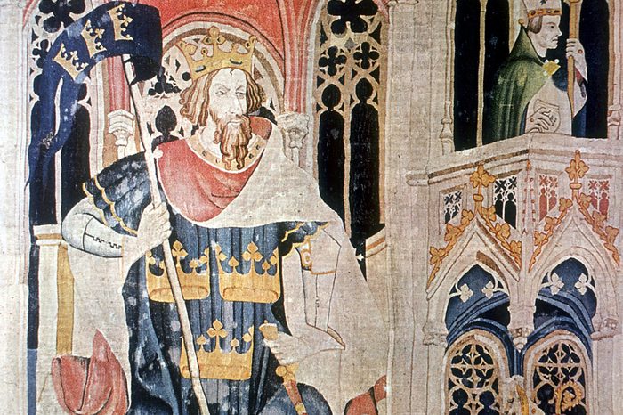Arthur, 6th century semi-legendary Christian king of Britons. United Britons against Saxons whom he defeated c516 at battle of Badon Hill. After late 14th century tapestry.