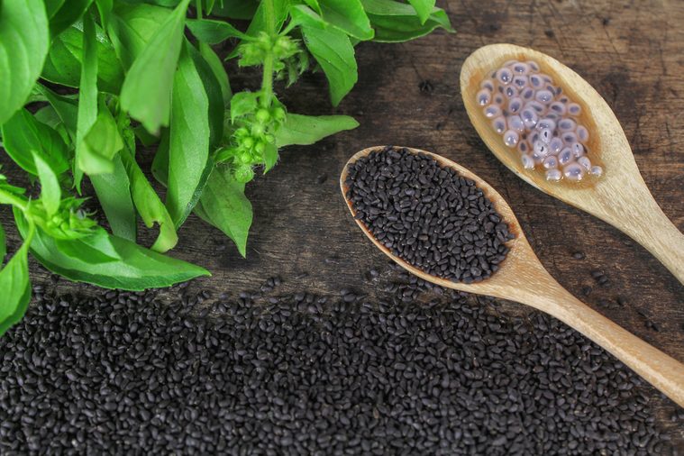 raw basil seed, herb in Thai, aids digestion as a laxative