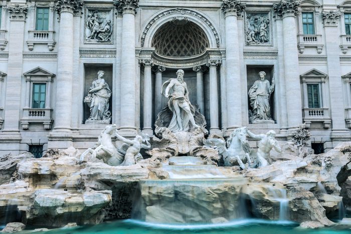 The Trevi Fountain at dawn - Fontana di Trevi - is a fountain in the Trevi district in Rome, Italy, designed by Italian architect Nicola Salvi and completed by Pietro Bracci. - 1762