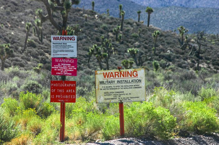 The warning signs at the entrance to Groom Lake, also known as Area 51.
