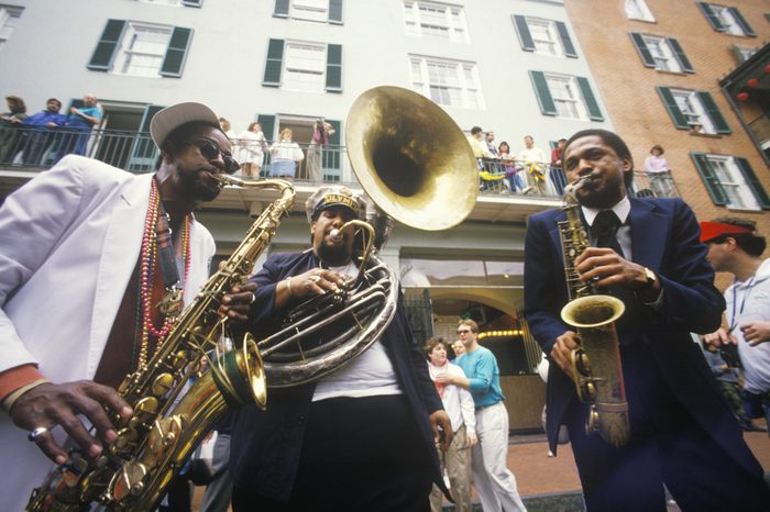 Jazz musicians performing on the French Quarter, New Orleans at Mardis Gras, LA