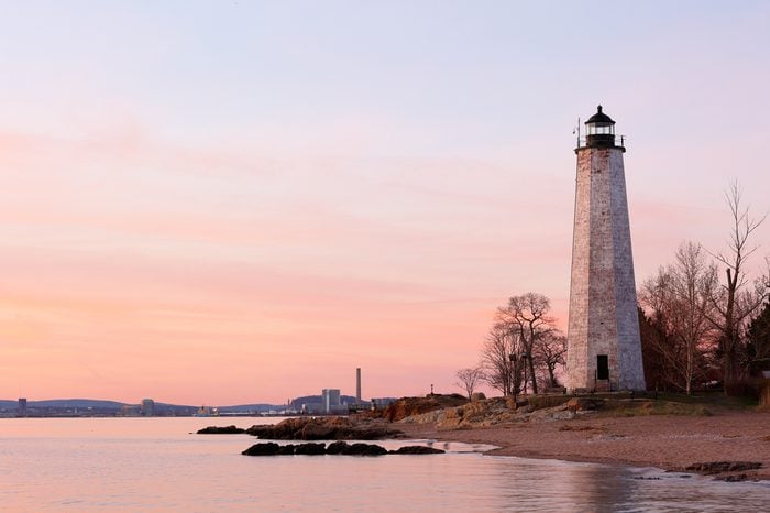 New Haven Light House at Lighthouse Point Park After Sunset. The Lighthouse is dark today, but the tower remains, greeting ships from around the world to New Haven.