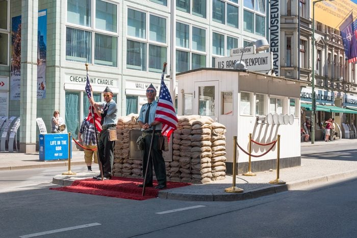 Berlin, Germany - June 6, 2016: The Checkpoint Charlie was a major roadblock, running from 1945 to 1990, linked the area of Soviet occupation with the US.