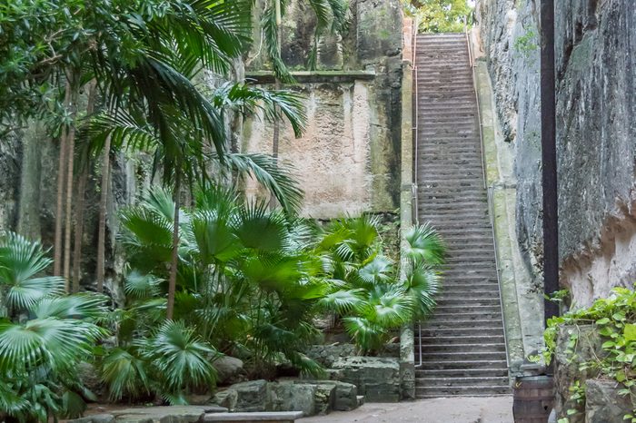 The Queen's Staircase in Nassau, Bahamas, also known as the 66 steps, a major landmark in the Fort Fincastle Historic Complex in Nassau