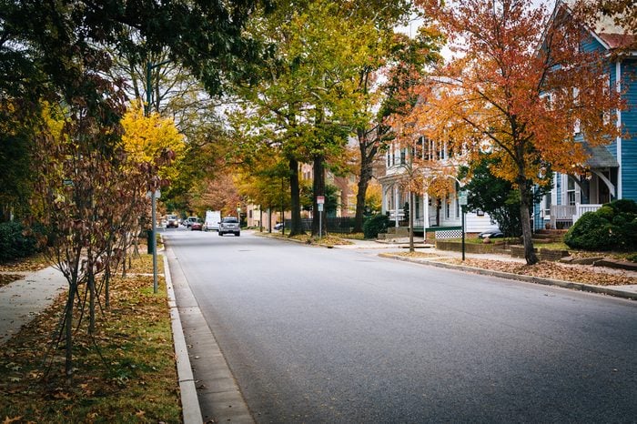 Autumn color and houses along Goldsborough Street, in Easton, Maryland.
