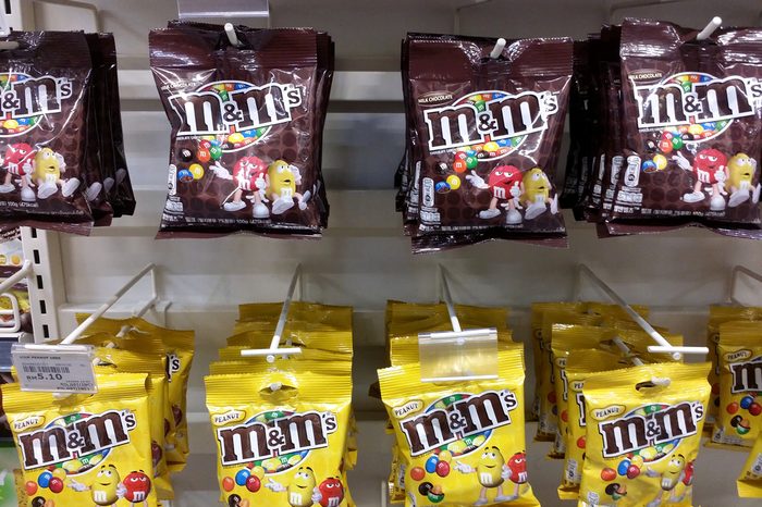 Close up view of M&M's on the supermarket shelf.