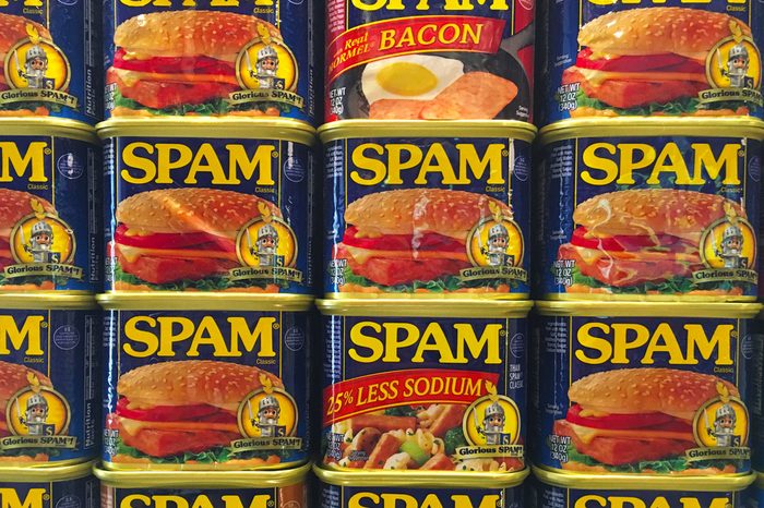 spamAUSTIN, MINNESOTA - JUNE 21, 2017: A display of Spam Cans at the Spam Museum. The space is dedicated to Spam, the canned precooked meat product made by the Hormel Foods Corporation.