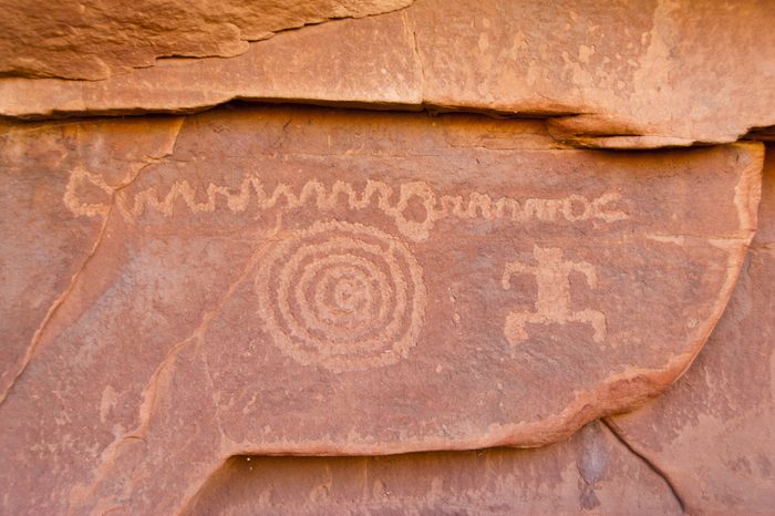 Springdale, Utah: Ancient petroglyphs adorn the sandstone walls of Petroglyph Canyon in Zion National Park.