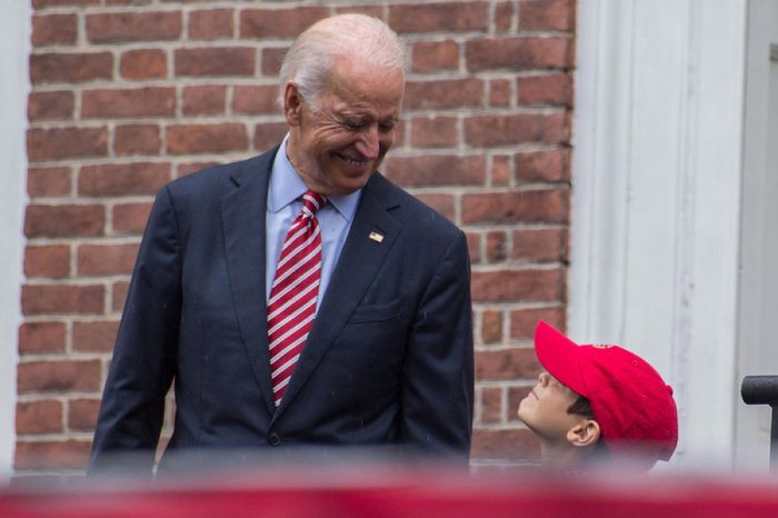 Vice President Joe Biden smiles at a young family member before speaking at the Celebration of Freedom event in Philadelphia, Friday, July 4, 2014.