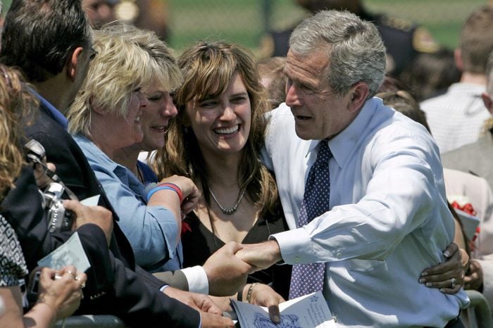 U S President George W Bush Speaks with Women at the Annual Peace Officers? Memorial Service in Front of the U S Capitol in Washington D C On 15 May 2007 Bush Spent Almost Three Hours Greeting Family and Friends of Fallen Peace Officers