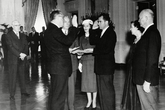 Dwight Eisenhower The private swears in Vice President Richard Nixon at the White House ceremony in Washington . From left are: Chief Justice Earl Warren; Sen. William Knowland (R-Calif), administering the oath; Frank K. Sanderson, White House administrative aide; Mrs. Nixon, Vice President Richard Nixon; Mrs.Maie Eisenhower and the President Dwight Eisenhower