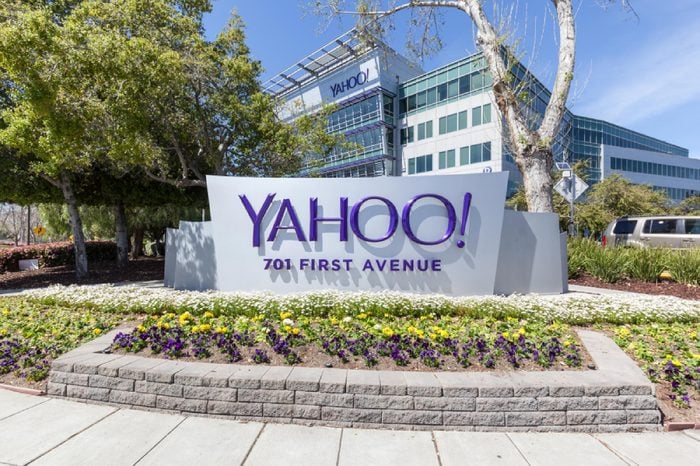Sunnyvale, California, USA - March 29, 2018: Yahoo sign at Yahoo 's headquarters in Sunnyvale, California. Yahoo! is a web services provider that is wholly owned by Verizon Communications through Oath