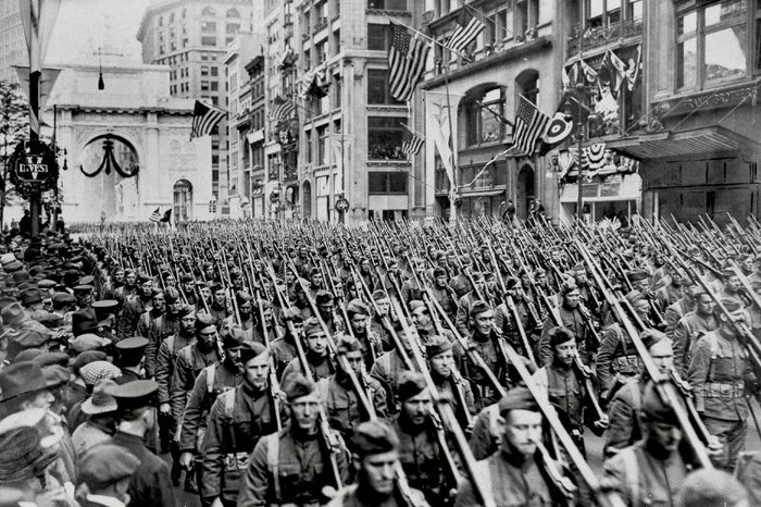 The First Battalion of he 308th Infantry, the famous "Lost Battalion" of the 77th Division's Argonne campaign of the Great War, march up New York's Fifth Avenue just past the Arch of Victory during spring of 1919