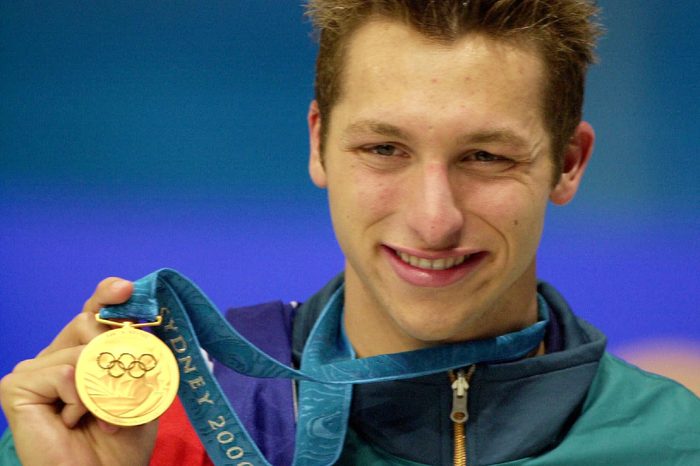 THORPE Australian swimmer Ian Thorpe holds his gold medal from the men's 400m freestyle, at the Sydney International Aquatic Centre during the Summer Olympics in Sydney. Thorpe bested his previous world record with a time of 3:40:59