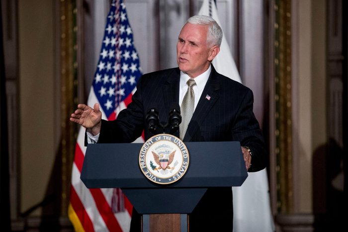 Vice President Mike Pence speaks at a reception for the Organization of American States in the Indian Treaty Room at the Eisenhower Executive Office Building on the White House complex in Washington, as the Trump administration renewed its call Monday for the Organization of American States to suspend Venezuela and for other members to step up pressure on the country's government to restore constitutional order