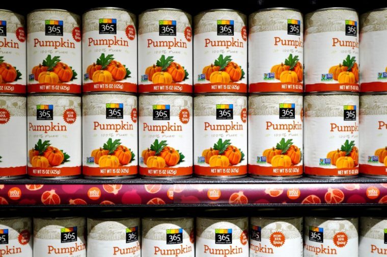WEST WINDSOR, NJ -10 NOVEMBER 2015- Cans of pumpkin puree lined up on the shelf from 365, the low cost brand of Whole Foods Market.