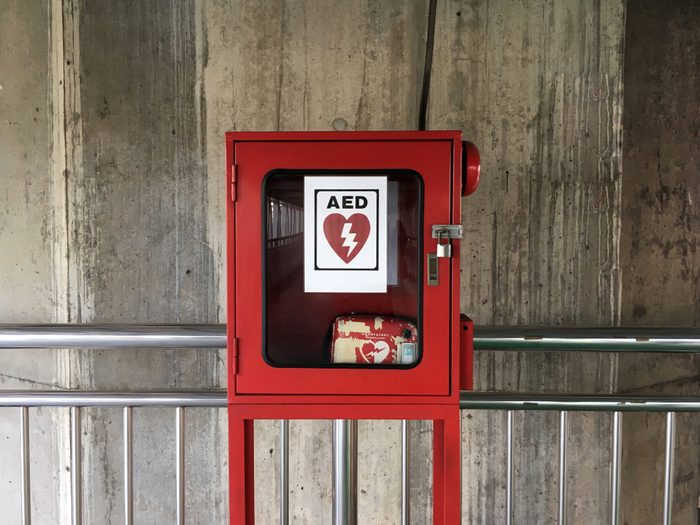 AED - Heart defibrillator in public location for prepared to provide life-saving cardiopulmonary resuscitation.