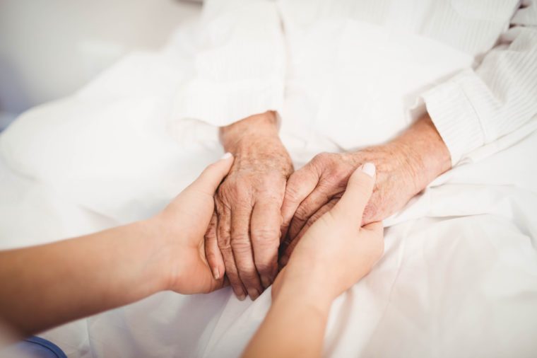 Close-up of senior woman and nurse holding hands