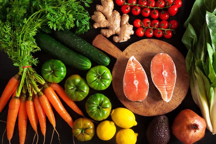 vegetables and fish healthy food background