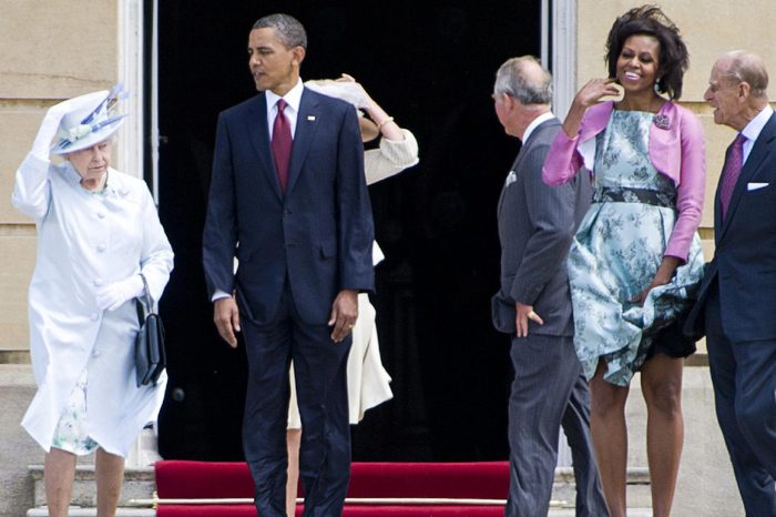 Queen Elizabeth II, US President Barack Obama, Camilla Duchess of Cornwall, Prince Charles, First Lady Michelle Obama and Prince Philip during a welcome ceremony at Buckingham Palace