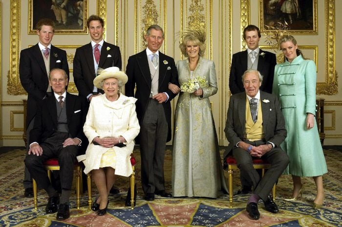 Prince Harry, Prince William, Prince Charles, Camilla Duchess of Cornwall, Laura and Tom Parker Bowles, Prince Philip, Queen Elizabeth II and Major Bruce Shand in the White Drawing Room at Windsor Castle