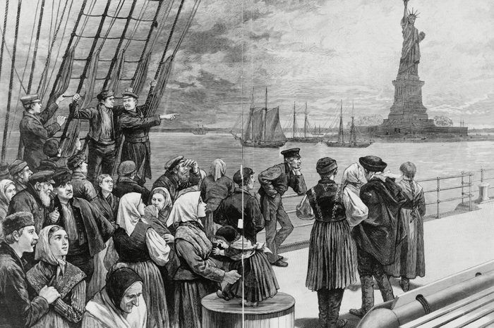 1887 - New York - Welcome to the land of freedom - An ocean steamer passing the Statue of Liberty: Scene on the steerage deck.