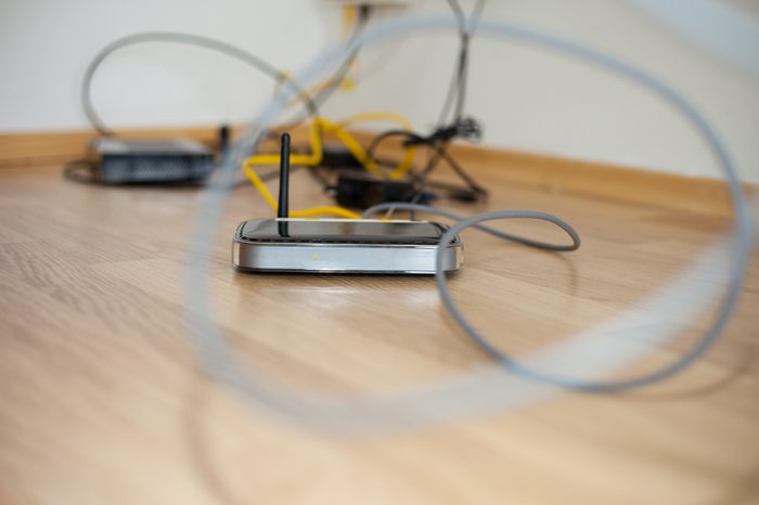 Wifi router on wood floor, ready for use