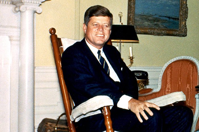 United States President John F. Kennedy photographed in his rocking chair in the Yellow Oval Room of the White House in Washington, D.C. on March 19, 1962.