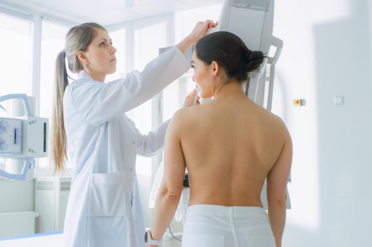 In the Hospital, Female Patients Undergoes Mammogram Screening Procedure Done by Mammography Technologist. Modern Technologically Advanced Clinic with Professional Doctors.