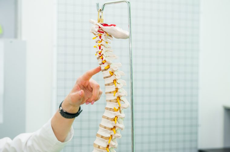 Closeup on medical doctor woman pointing on spine model