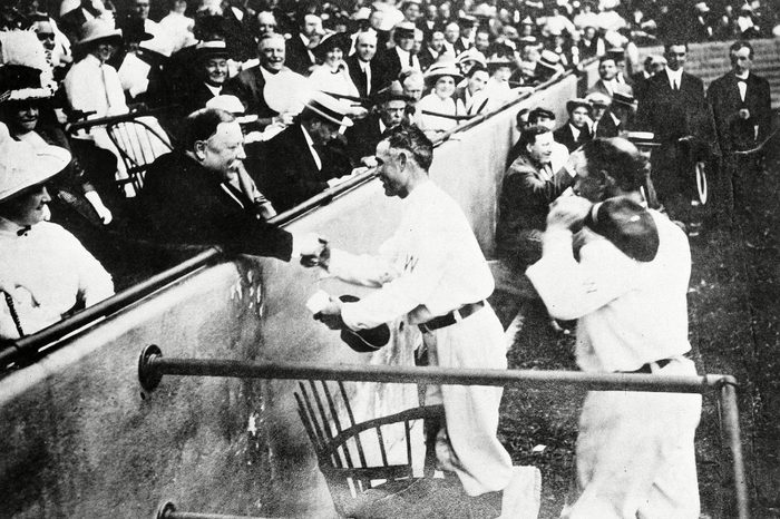 William Howard Taft, Clark Griffith President William Howard Taft shakes hands with Clark Griffith of the Washington Senators after Taft threw out the first ball to open the season