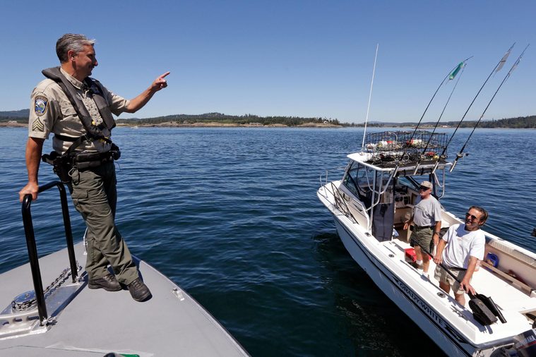 Washington Dept. of Fish and Wildlife Marine Sgt. Russ Mullins, left, talks with fishermen who inadvertently boated too close to passing orca whales in the Salish Sea in the San Juan Islands, Wash. The combination of boats and whales has state and federal authorities worried, especially this year, now that the Southern Resident pod of killer whales has four new calves. By federal and state law, boaters are required to stay 200 yards parallel from the orcas and give them 400 yards in front