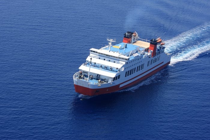 Aerial view of passenger ferry boat in open waters in Greece
