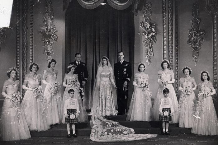 An Official Wedding Portrait Of Princess Elizabeth And The Prince Philip - Prince Philip Taken After Their Wedding Ceremony The Wedding Group With Best Man Bridesmaids (including Princess Margaret Rose (21 August 1930 ? 9 February 2002) Right Beside Prince Philip) And The Page Boys.. Lady Mary Cambridge Is Third From Left Princess Alexandra of Kent Is Fourth From Left. Original Library Print In Packet: Lp3d - Queen Elizabeth II - Wedding Day 1947