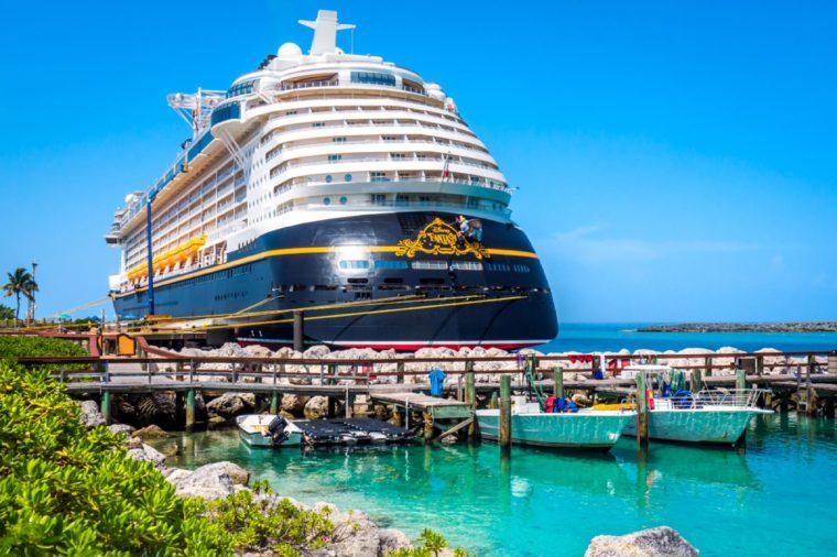 CASTAWAY CAY, BAHAMAS: JUNE 15, 2018 - The Disney Fantasy cruise ship, docked at port Castaway Cay, Bahamas