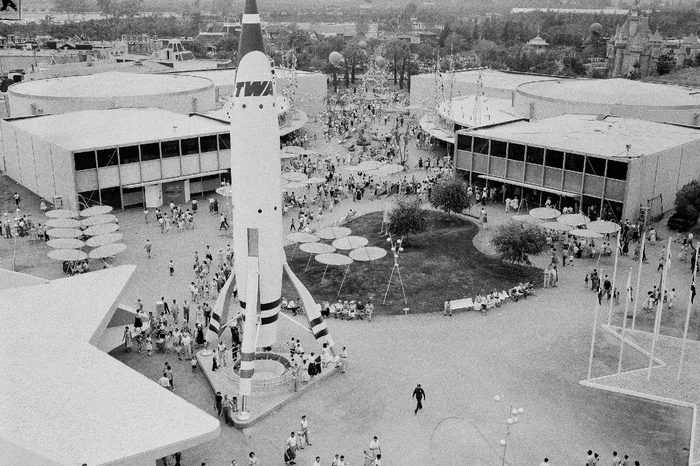 The TWA Moonliner rocketship dominates the Tomorrowland attraction at the Disneyland Amusement Park, . Disneyland opened its doors on July 17, 1955
