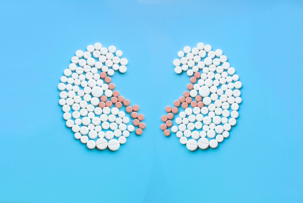 Kidneys made of pills on blue background. World Kidney Day concept