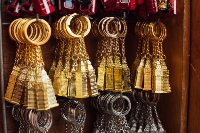 London, UK - March 11 2018: board with popular Big Ben souvenir keyrings. Such souvenirs very popular among the tourists and can be bought in different shops all over the London.
