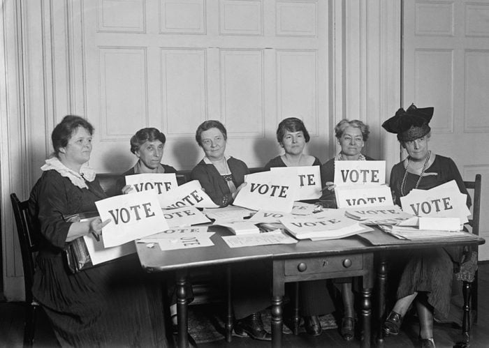 National League of Women Voters hold up signs reading, 'VOTE', Sept. 17, 1924. Millions of women voted in 1920 and 1924, but in a lower proportion than men.