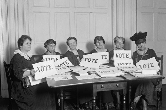 National League of Women Voters hold up signs reading, 'VOTE', Sept. 17, 1924. Millions of women voted in 1920 and 1924, but in a lower proportion than men.